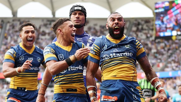 Josh Addo-Carr celebrates scoring a try against his former club.