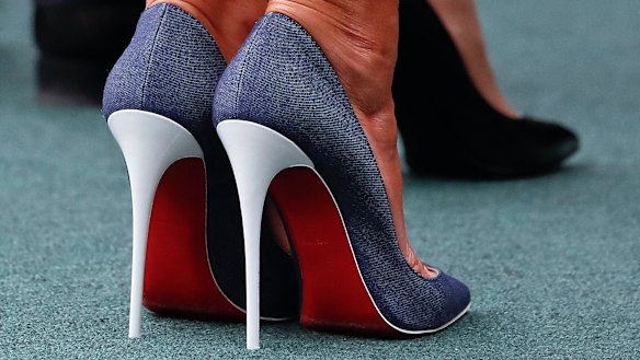 Melania Trump\'s red, white and blue shoes.