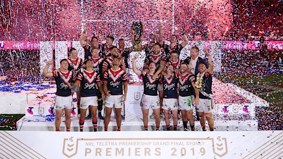 The Sydney Roosters celebrate their 2019 premiership at ANZ Stadium, the last grand final at the venue before it closes for renovations in July.