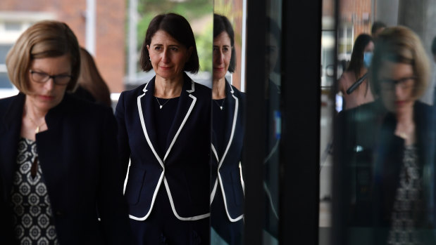 NSW Premier Gladys Berejiklian and Chief Health Officer Dr Kerry Chant arrive at Tuesday's press briefing. 