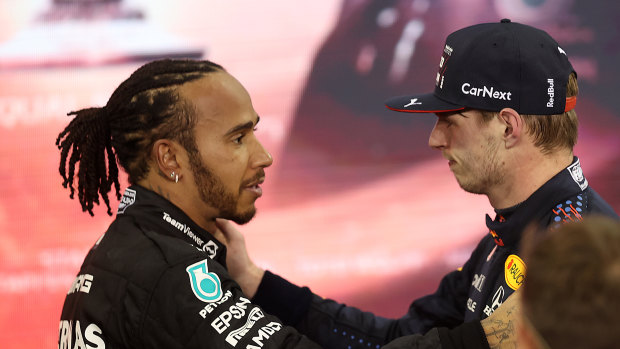 Lewis Hamilton congratulates Max Verstappen.