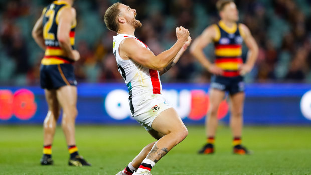 St Kilda's Dean Kent celebrates as the Saints held off a late surge from Adelaide.