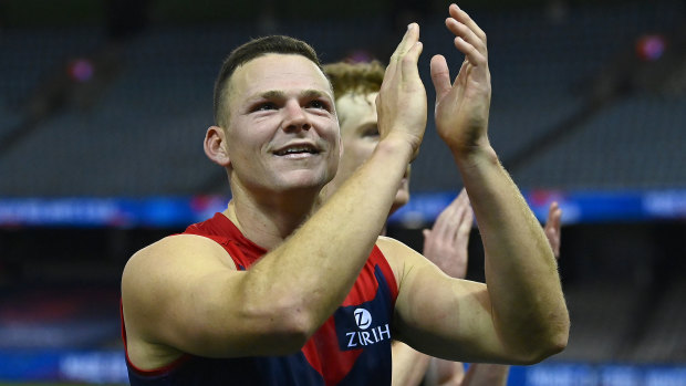 Steven May celebrates Melbourne’s win over the Bulldogs in round 11.