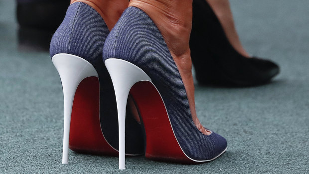 Melania Trump\'s red, white and blue shoes.