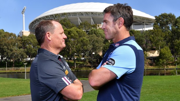Kevin Walters and Brad Fittler face off at Tuesday's Origin launch.