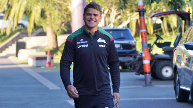 Latrell Mitchell arrives at Redfern Oval on Monday before being turned away.
