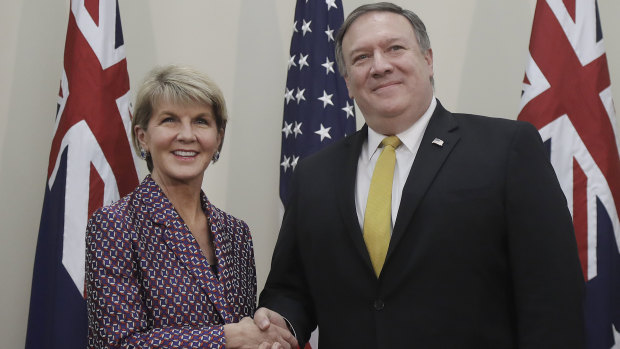 Foreign Affairs Minister Julie Bishop, left, shakes hands with US Secretary of State Mike Pompeo before their meeting on Monday.