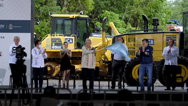 Indigenous people of Mexico's Yucatan peninsula are worried the train line will destroy their way of life. Above, the President launches the project.