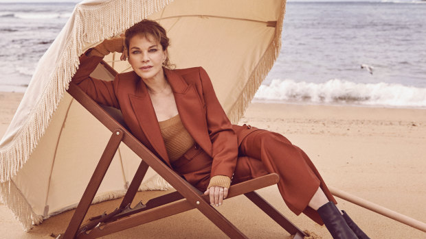 Zimmermann suit, Bottega Veneta bodysuit, Tony Bianco boots. Sunday Supply umbrella from Commune Bondi. Deckchair by Ici Et La.