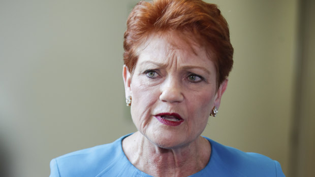 One Nation Senator Pauline Hanson applauded as the result of the vote was announced in the Senate.