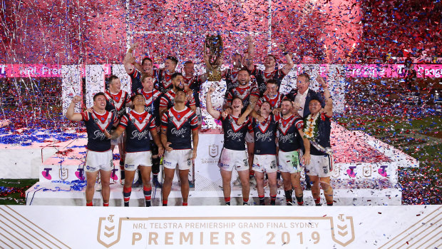 The Sydney Roosters celebrate their 2019 premiership at ANZ Stadium, the last grand final at the venue before it closes for renovations in July.