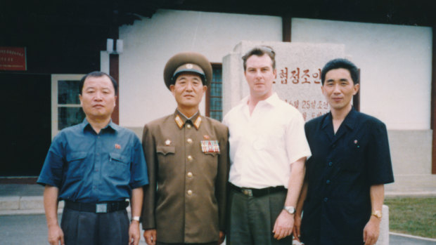 Criminal solicitor Jack Dalziel (second right) with Jon Hak-bom (far right) and Kim Chu-nam (far left)