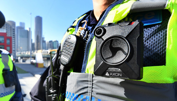 A body-worn camera on a police officer.
