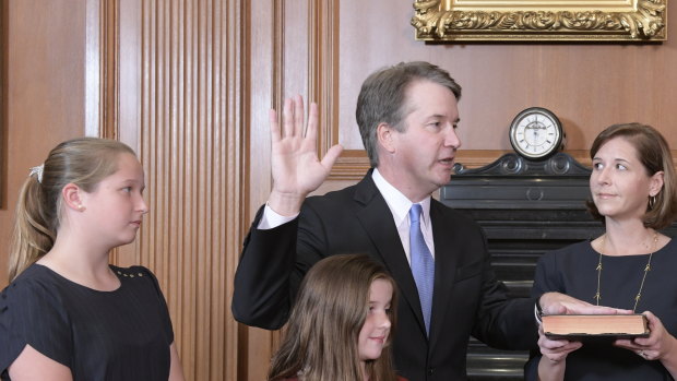 Brett Kavanaugh takes the Constitutional Oath in the Justices' Conference Room of the Supreme Court Building.