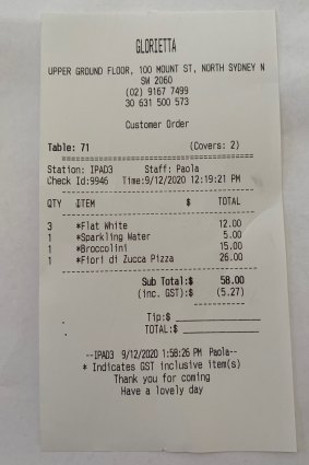 The receipt from Glorietta in North Sydney.