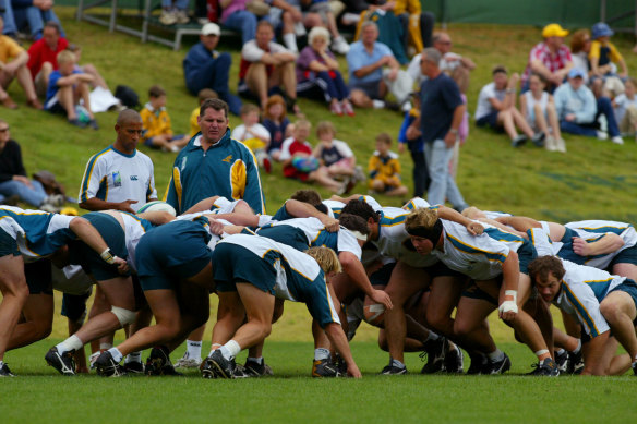 Wallabies pack down at Coffs Harbour during the 2003 World Cup.