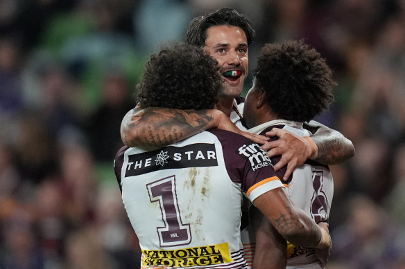 Jesse Arthars [middle] was outstanding for much of the Brisbane Broncos defeat to the Melbourne Storm, but one error proved costly.