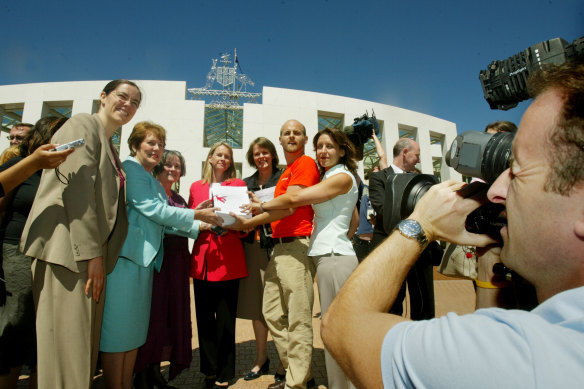 Then-senators Kerry Nettle, Judith Troeth, Claire Moore, Fiona Nash and Lyn Allison with GetUp’s Brett Solomon and Dr Leslie Cannold, handing over an RU-486 petition to present to Parliament in 2006.