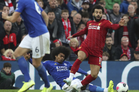 Leicester City's Hamza Choudhury fouls Liverpool's Mohamed Salah, which contributed to online abuse. 