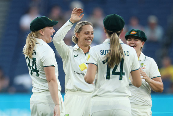 Ash Gardner celebrates after dismissing England’s Lauren Filer of England. Gardner took five wickets in the Test and made a stylish 44 in Australia’s innings.