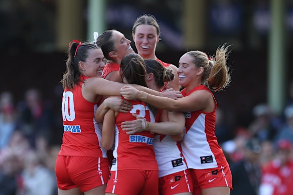 Swans players celebrate a goal in their win over Essendon.