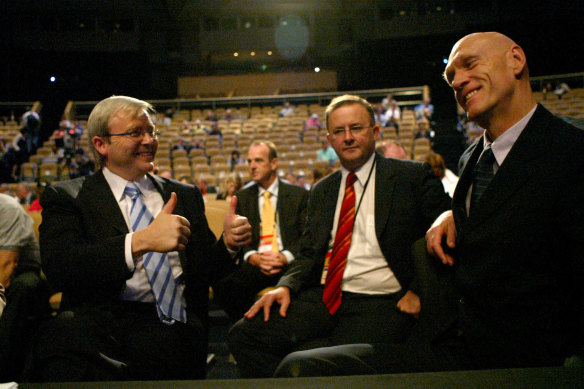 Then-Labor leader Kevin Rudd, Anthony Albanese and Peter Garrett in 2007.