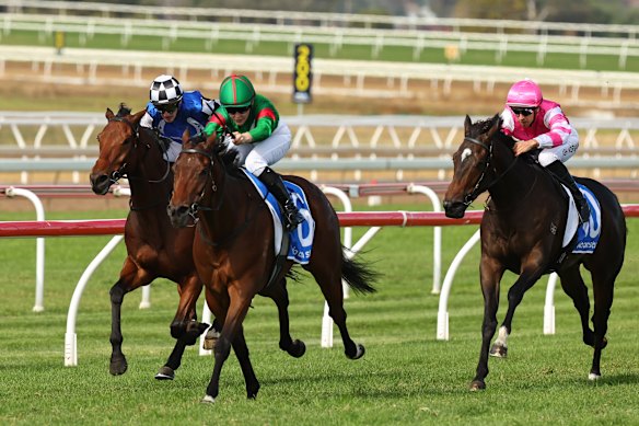 Shannen Llewellyn, in the green silks, takes Lightning Glory to victory at Scone on May 16.