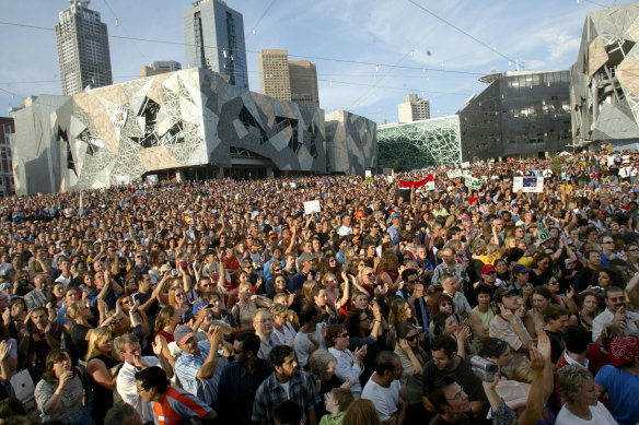 Protesters fill Federation Square in Melbourne in February 2003 to oppose the invasion of Iraq.