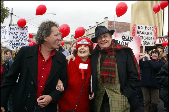 Geoffrey Rush, Mary Drost and Barry Humphries at a rally opposing the development of Camberwell Station.