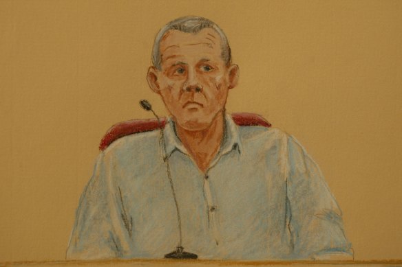 A court sketch of Bradley John Murdoch giving evidence during the trial