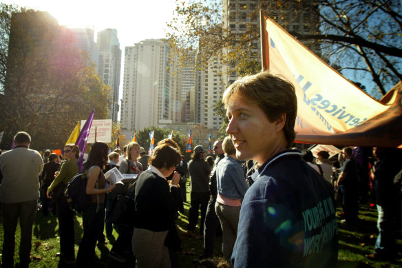 McManus, then head of the Australian Services Union, pictured at a rally in 2005 in support of university teachers. 