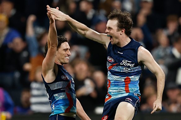 Max Holmes celebrates after kicking a goal of the year contender. 