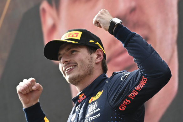 Red Bull driver Max Verstappen on the podium after winning the Austrian Grand Prix.