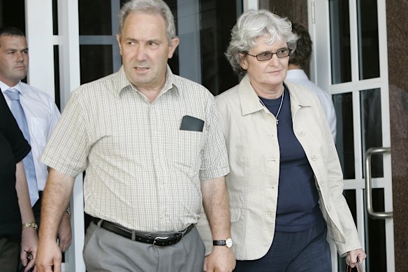 Joan and Luciano Falconio, the parents of British backpacker Peter Falconio, leave the Northern Territory Supreme Court in Darwin after the first day of Murdoch’s trial.