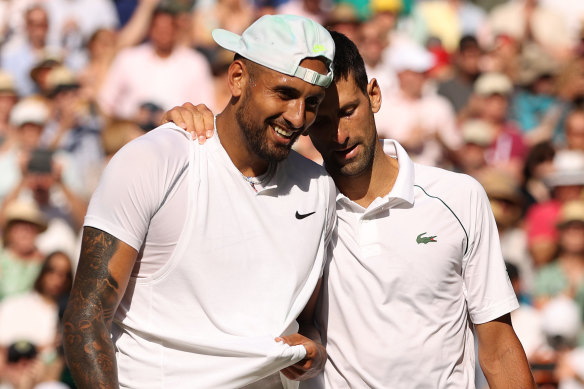 Wimbledon winner Novak Djokovic, right, praised competitor Nick Kyrgios for a great battle in the men’s final.
