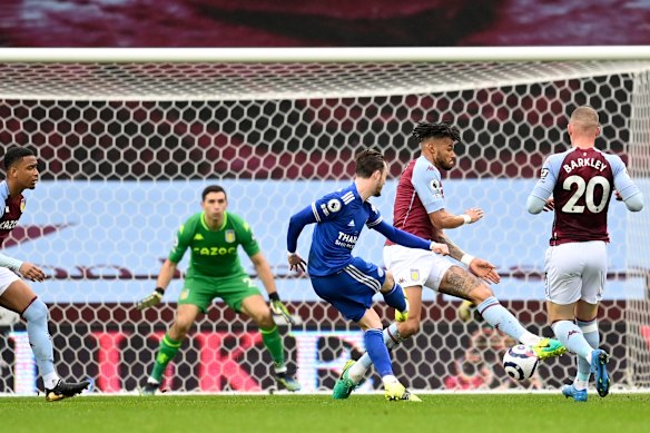 Leicester’s James Maddison score his side’s first goal against Villa on Sunday.