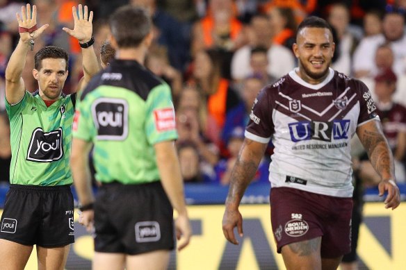 Manly prop Addin Fonua-Blake is sent to the sin bin last season under the two-referee format.