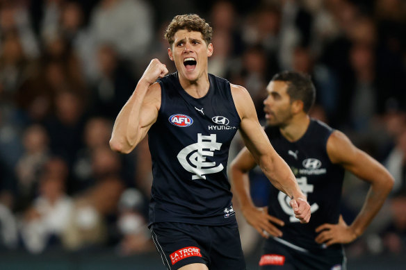 Charlie Curnow booted six goals in the Blues’ win over Adelaide.