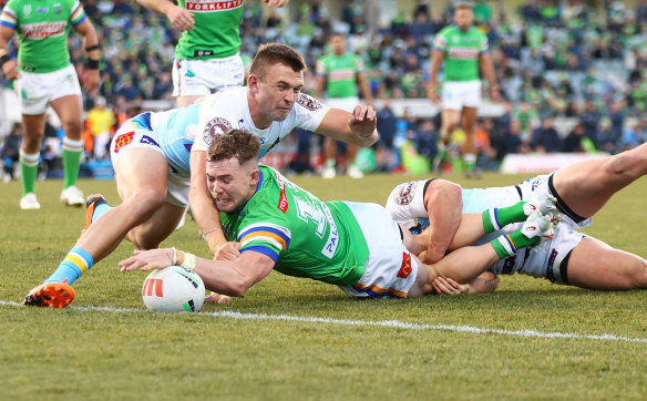 Hudson Young crashes over for a Canberra try on Saturday.