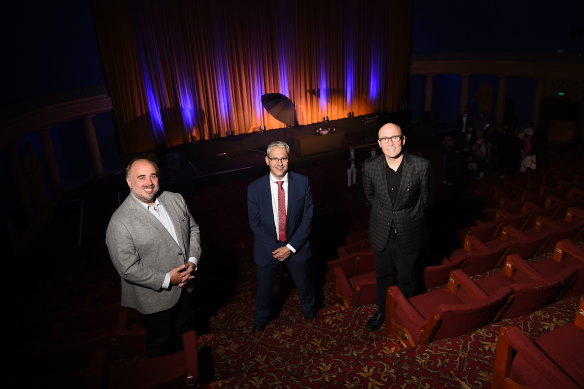 Craving the spotlight: MIFF artistic director Al Cossar, Victorian creative arts minister Danny Pearson, and Oscar-winning animator Adam Elliot at the Forum Theatre in Melbourne.