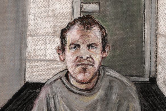 Brenton Tarrant, seen in a 2019 courtroom drawing, appears via video link in court from a maximum security prison in Auckland.