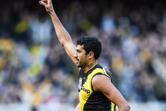 Richmond debutant Marlion Pickett's low-key salute to his goal.