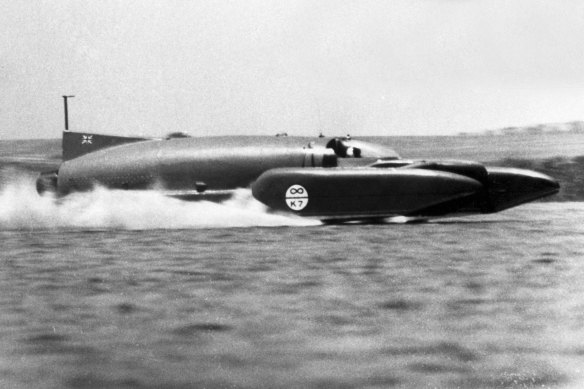 Donald Campbell sends Bluebird flying across the water at Lake Dumbleyung on December 31, 1964