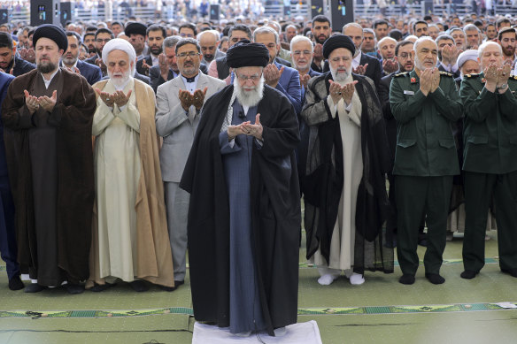 Iran’s Supreme Leader Ayatollah Ali Khamenei leads Eid al-Fitr prayer marking the end of the Muslim holy fasting month of Ramadan in Tehran on Wednesday.