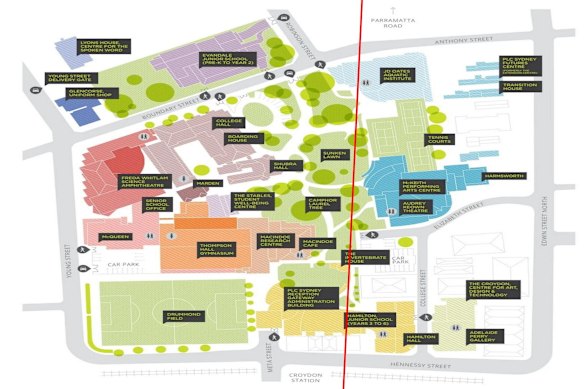 Presbyterian Ladies’ College Croydon’s campus map overlaid with council boundary in red. Burwood is to the left and Inner West to the right