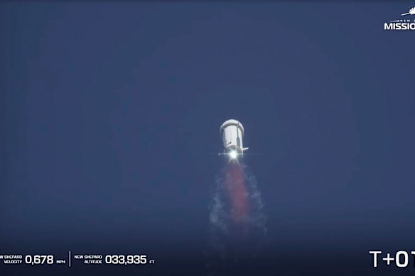 This image taken from video provided by Blue Origin shows the New Shepard rocket blasting off in West Texas.