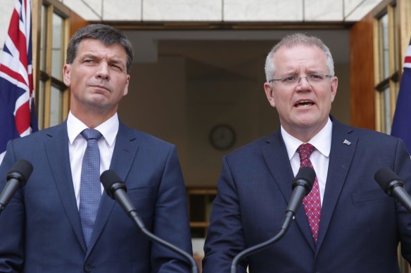 Prime Minister Scott Morrison, right, and Energy Minister Angus Taylor unveiling government energy plans last month.