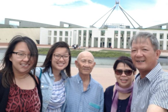 The Nguyen family, including grandpa, Hien Nguyen, visit Han in Canberra.