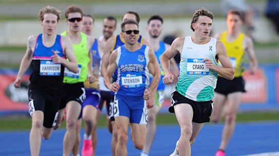 Peyton Craig in an 800 metres heat at the 2024 national championships. Part of a new, deep pool of local middle distance talent, the 19-year-old finished third in the final, just behind Olympic hero Peter Bol.