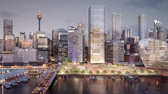 An artist's impression of the Cockle Bay redevelopment, which features a 183-metre office tower, retail precinct and park.